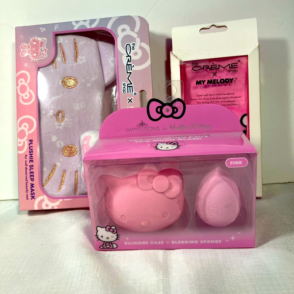 Sanrio/Hello Kitty Bundle, Plushie Sleep Mask, Spa Headband & makeup sponge/case